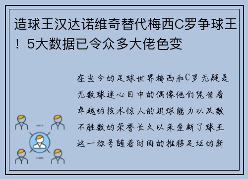 造球王汉达诺维奇替代梅西C罗争球王！5大数据已令众多大佬色变