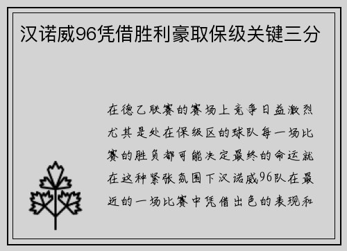 汉诺威96凭借胜利豪取保级关键三分